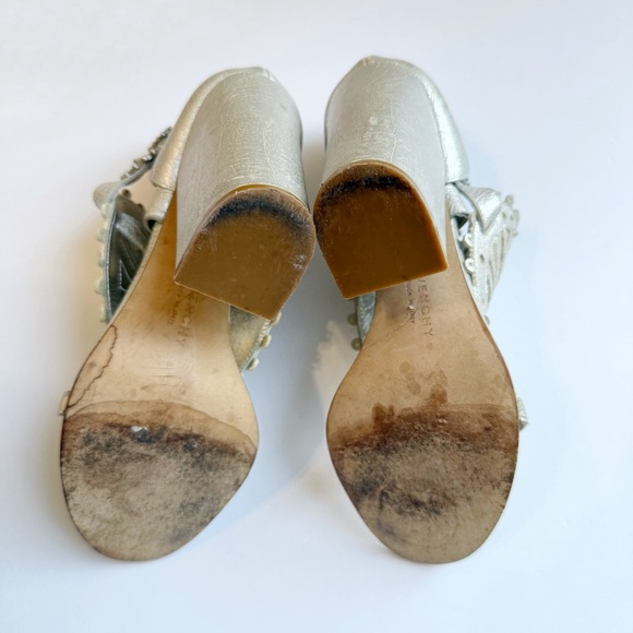 GIVENCHY METALLIC SILVER CRACKED LEATHER OPEN TOE CHUNKY HEELS - Picture 10 of 11